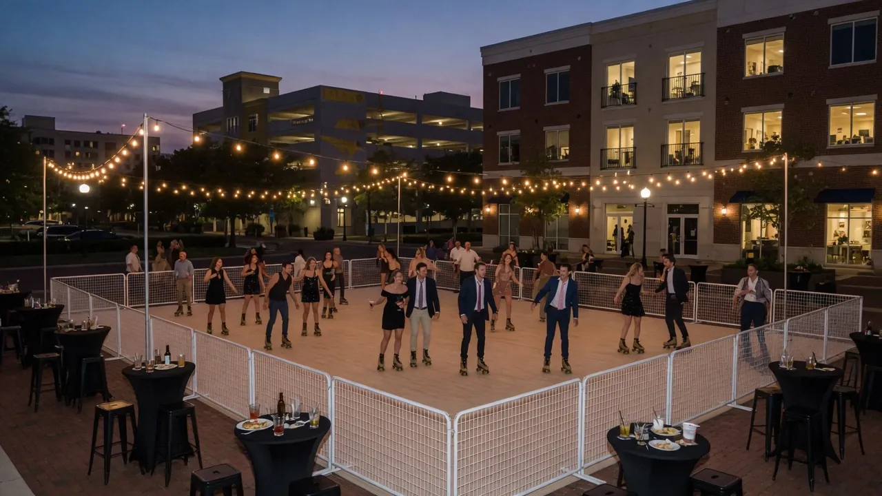 Guests skating on a modular roller floor inside a covered event venue