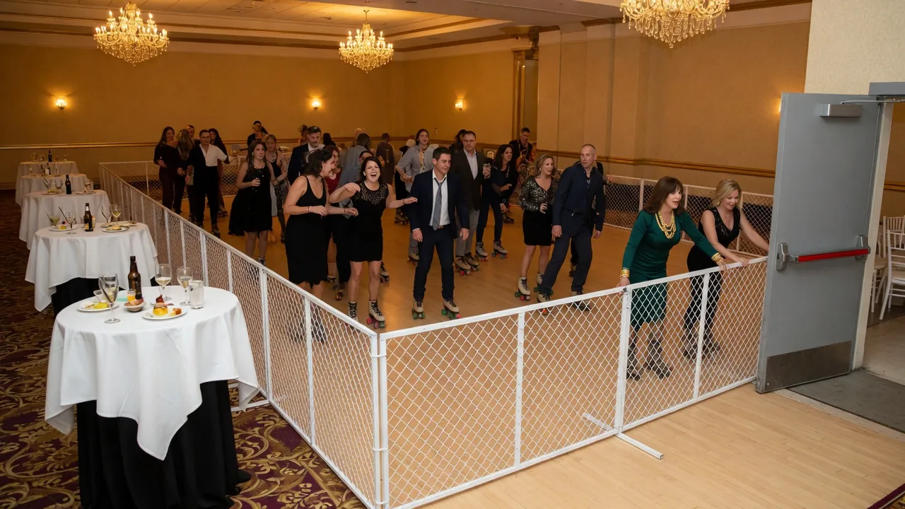 Portable roller rink floor, rails, skates, and fitting area prepared for guests