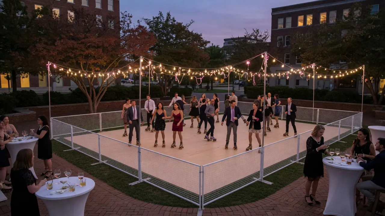 Guests skating on a modular roller floor at an indoor event