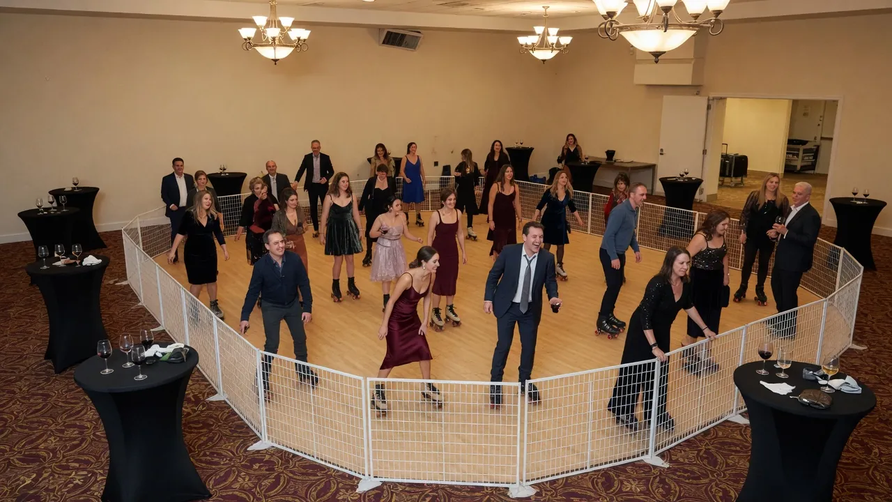 Portable roller rink rails, skates, and event lighting prepared inside community halls, festival spaces, and civic venues