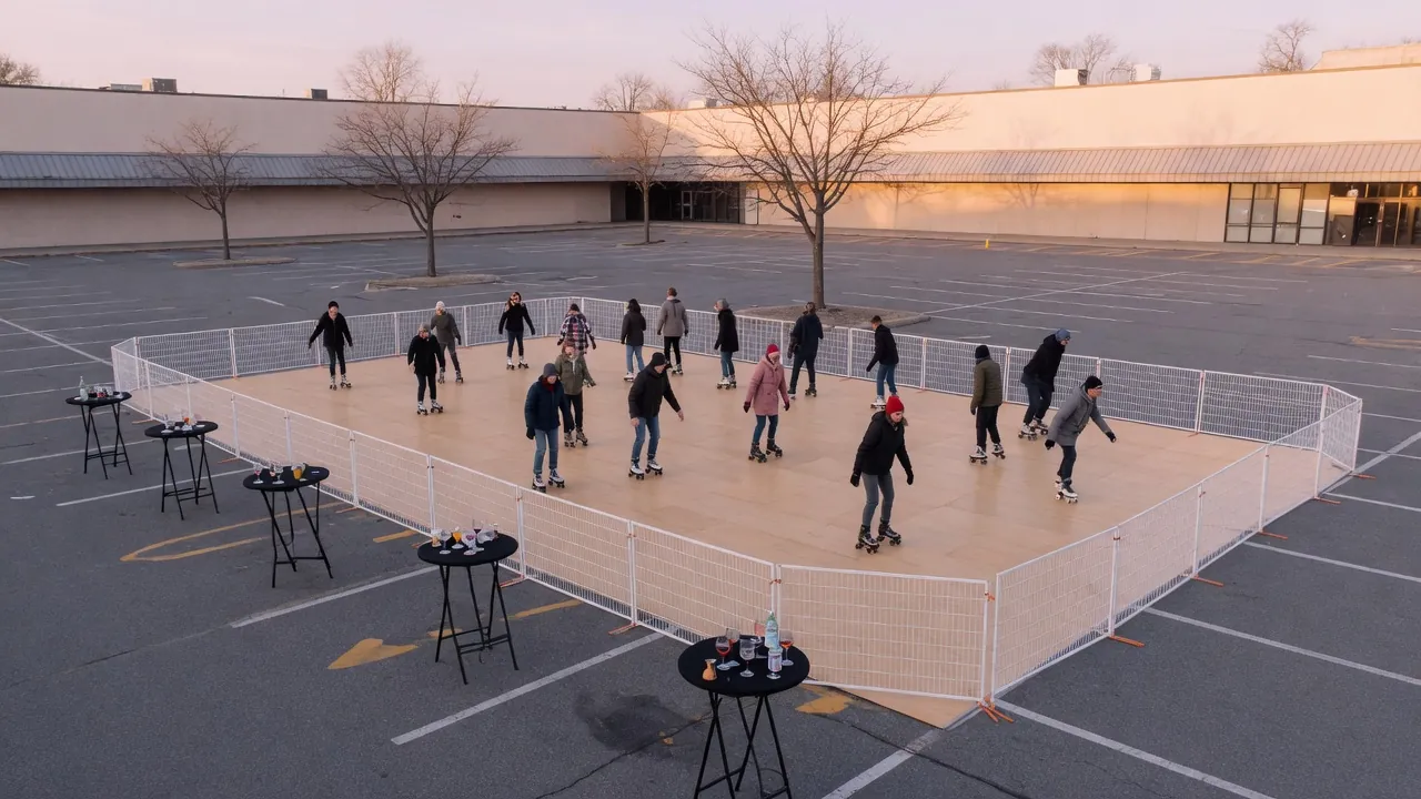 Families skating on a modular roller floor at a community event