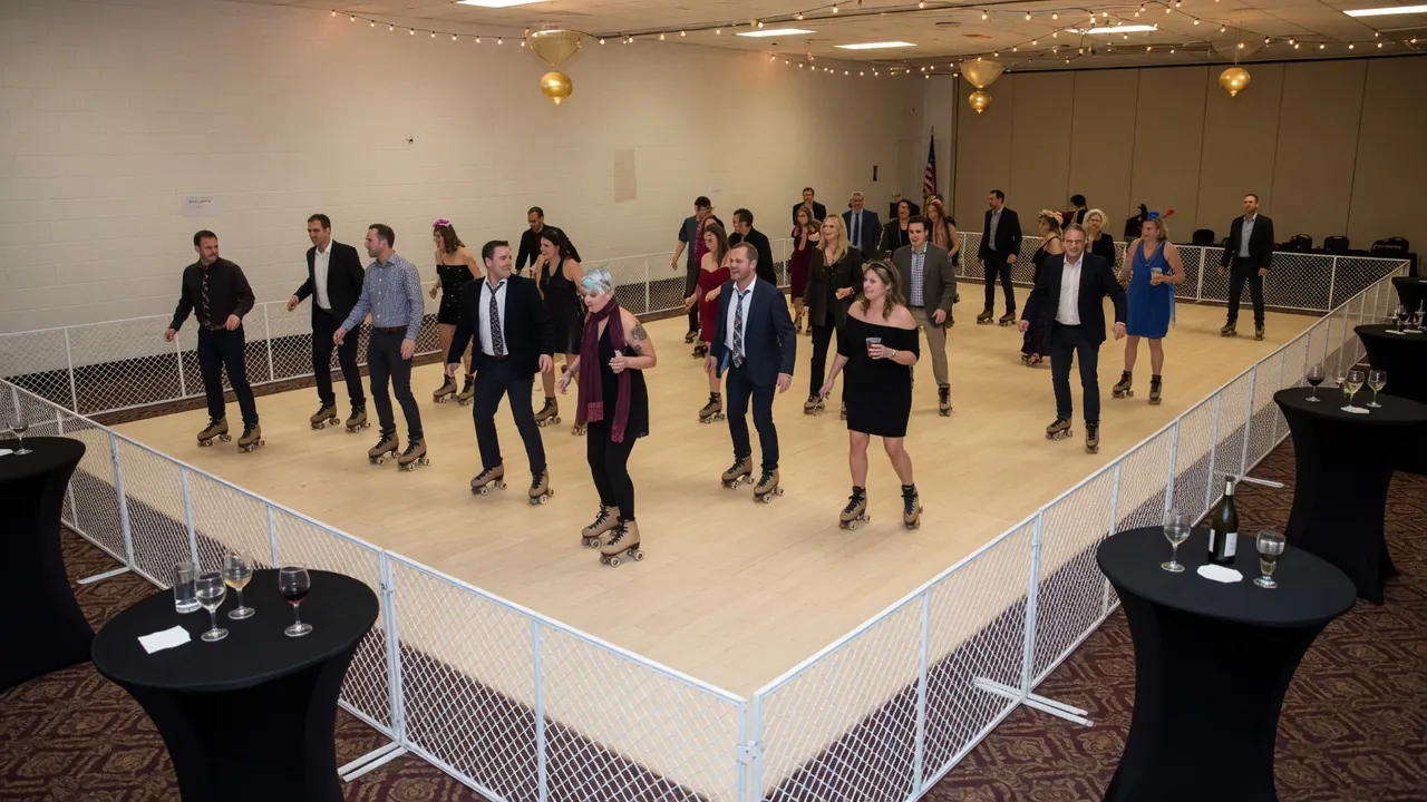 Portable roller rink rails, skates, and event lighting prepared inside gyms, halls, ballrooms, warehouses, and approved event pads