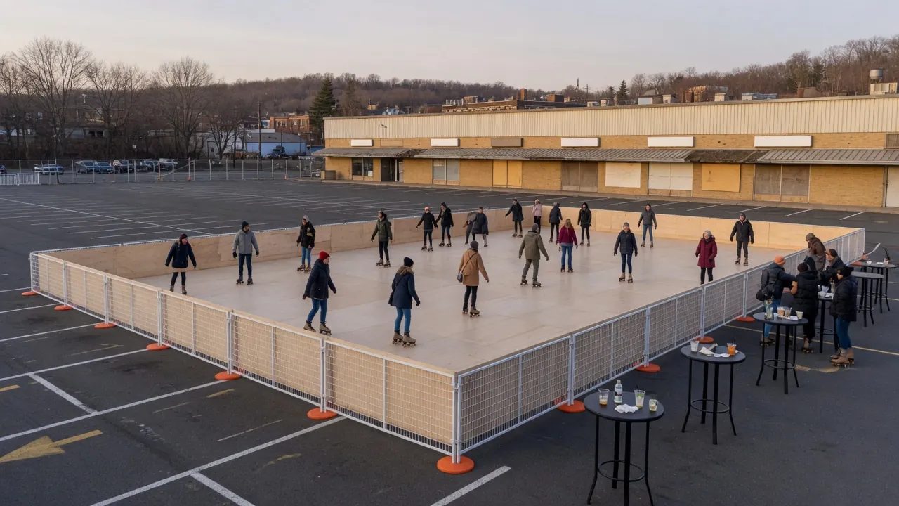 Guests skating on a modular roller floor at an event venue