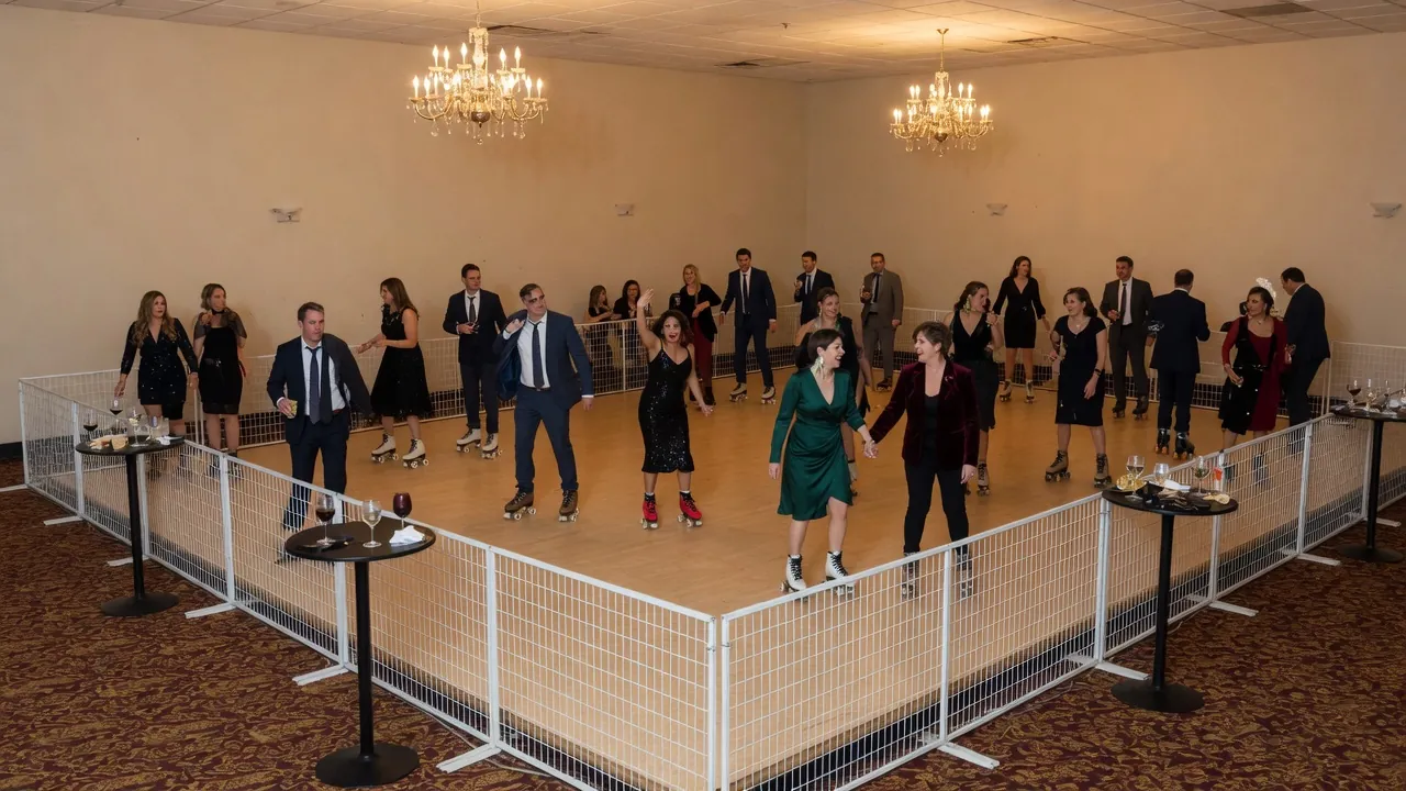 Portable rink rails and floor prepared inside a civic hall