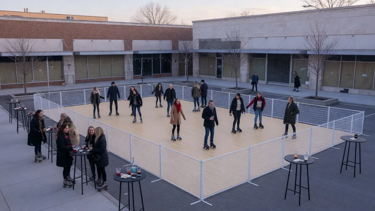 Families skating on a modular roller floor at a community event