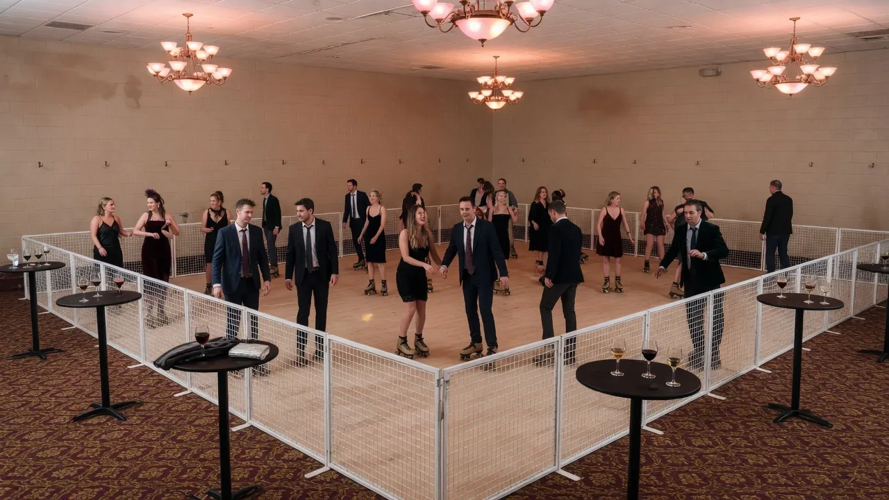 Portable roller rink rails and lighting prepared in a ballroom