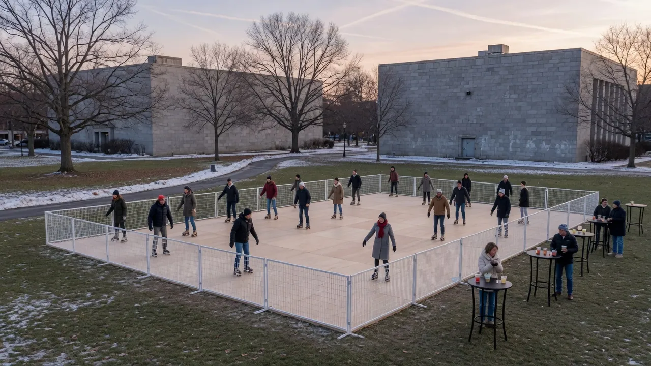 Guests skating on a modular roller floor inside a hotel event room