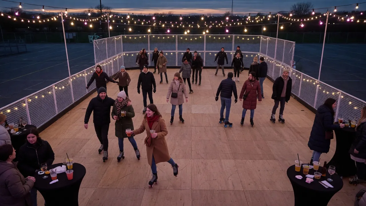 Editorial photo of a portable roller rink setup near a White Plains-style event pad; not a specific venue