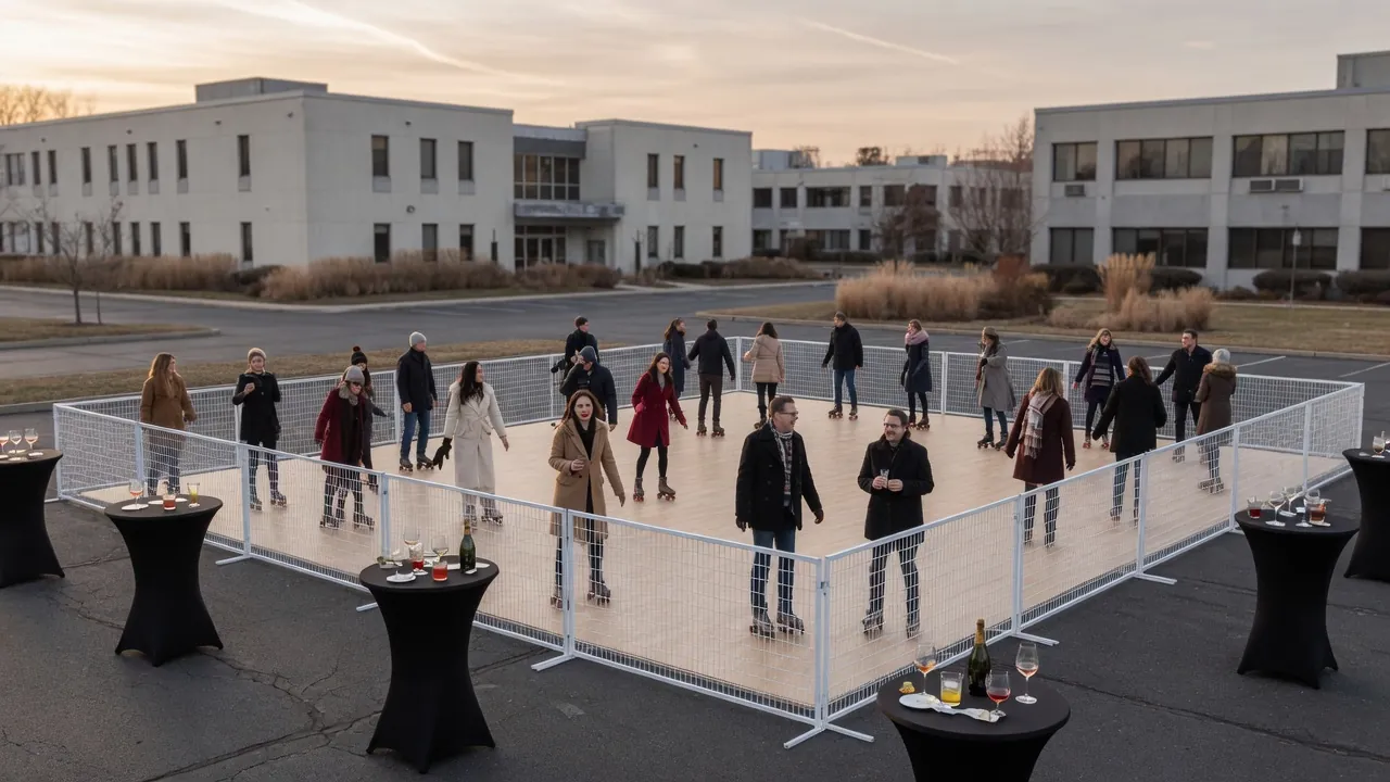 Editorial photo of a portable roller rink in a White Plains-style setting; not a specific venue