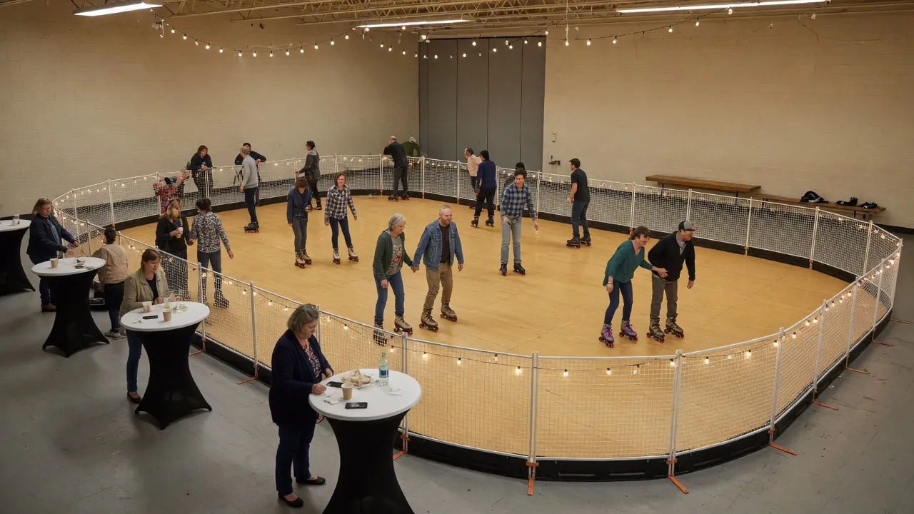 Editorial photo of a portable roller rink install for a Wilkes-Barre-style event; not a specific venue