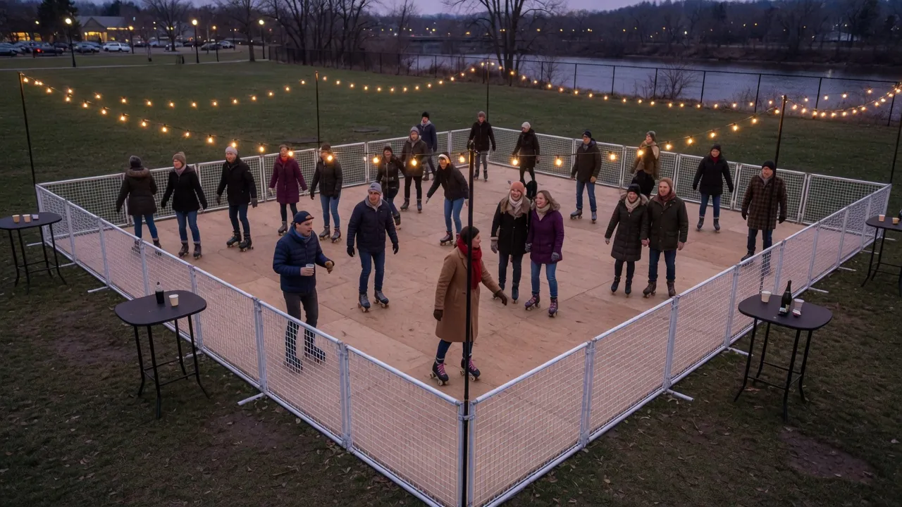 Editorial photo of a portable roller rink setup near a Wilkes-Barre-style event pad; not a specific venue