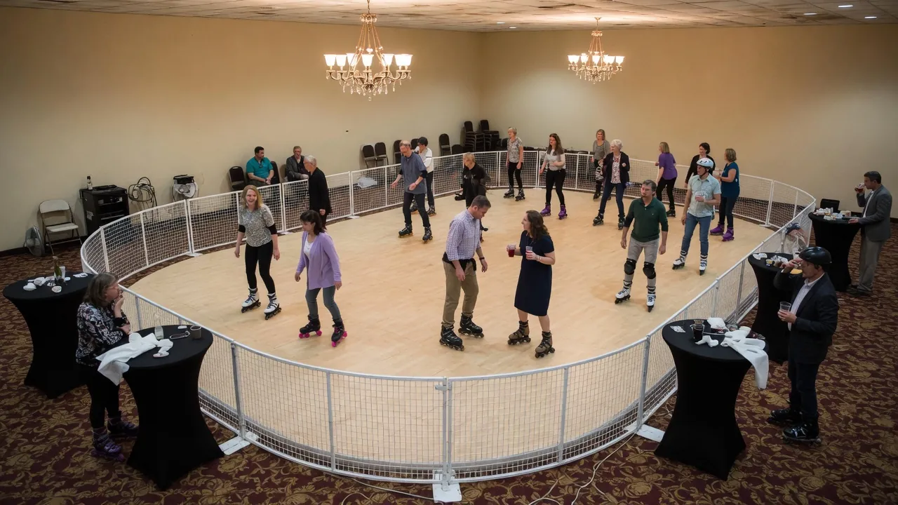 Editorial photo of a portable roller rink in an indoor hotel or civic hall; not a specific Wilmington venue