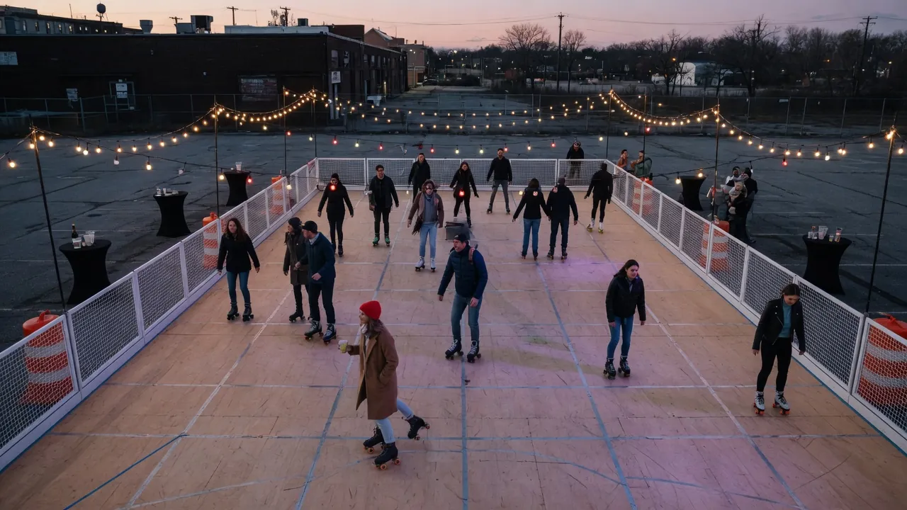 Editorial photo of a portable roller rink setup near a Wilmington-style event pad; not a specific venue