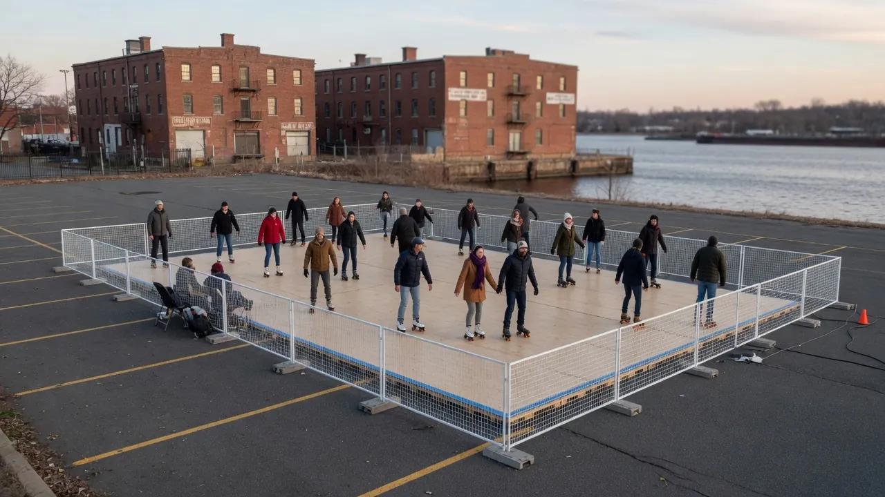 Editorial photo of a portable roller rink on a brick river-city plaza; not a specific Wilmington venue