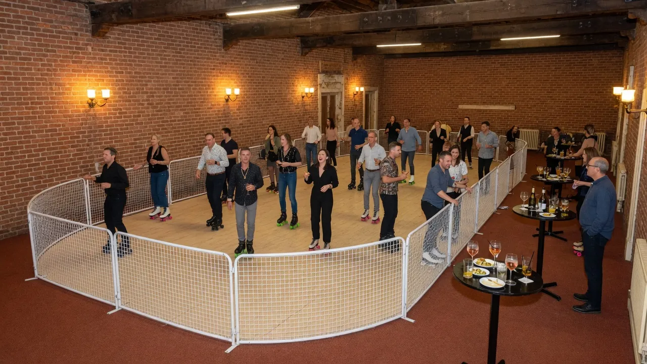 Portable roller rink rails and lighting prepared in a ballroom