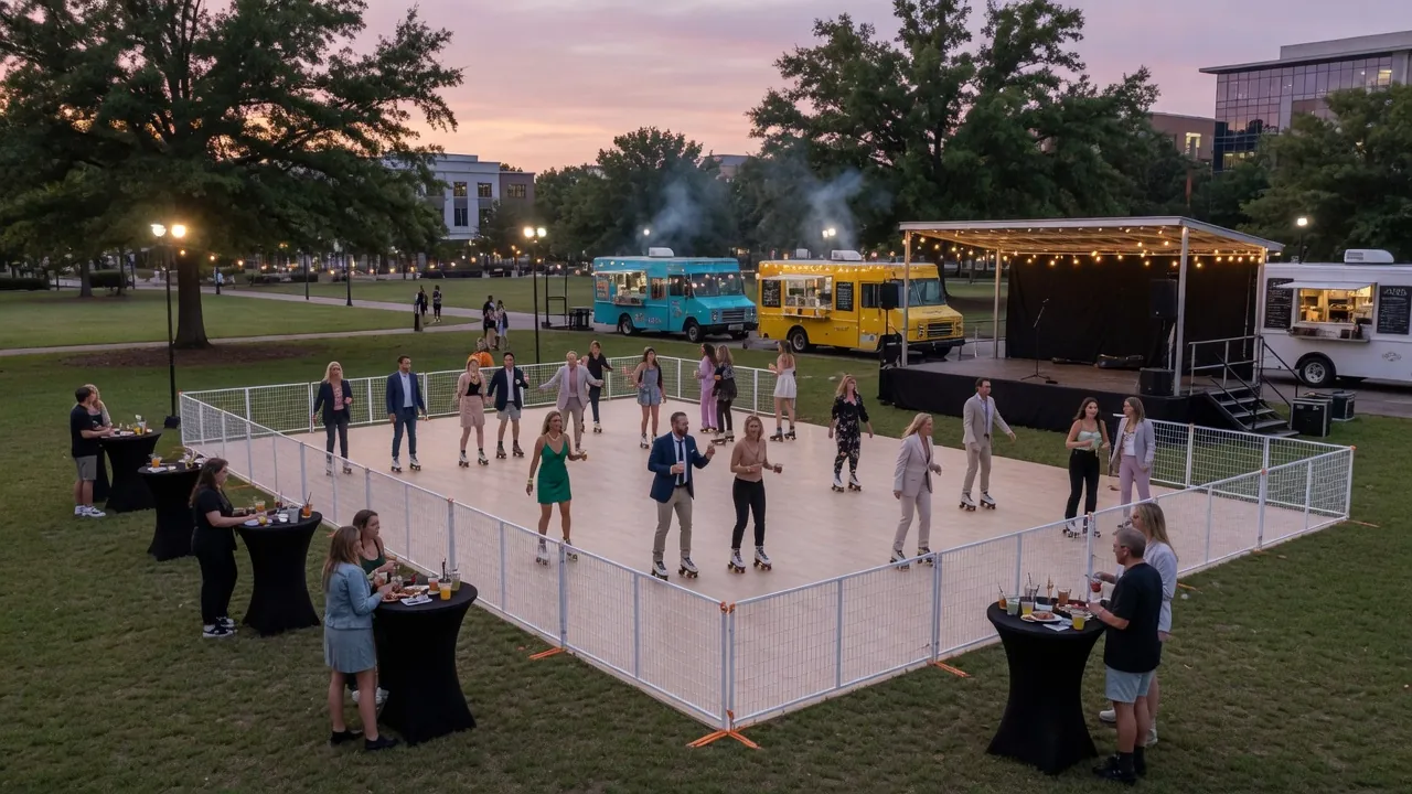 Guests skating on a modular roller floor inside a hotel event room