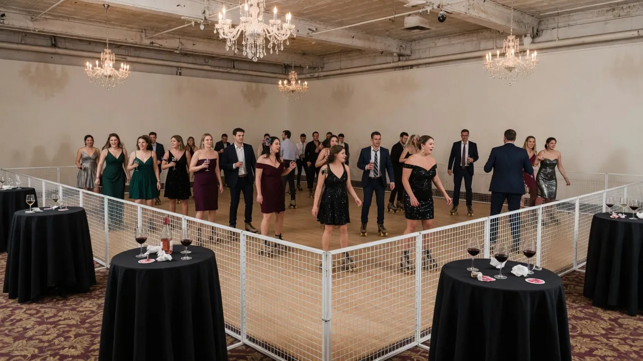 Portable rink rails and floor prepared inside a civic hall