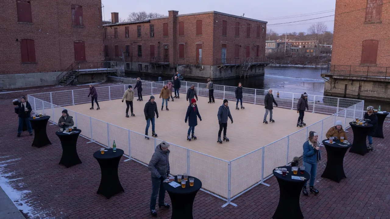 Families skating on a modular roller floor at a community event