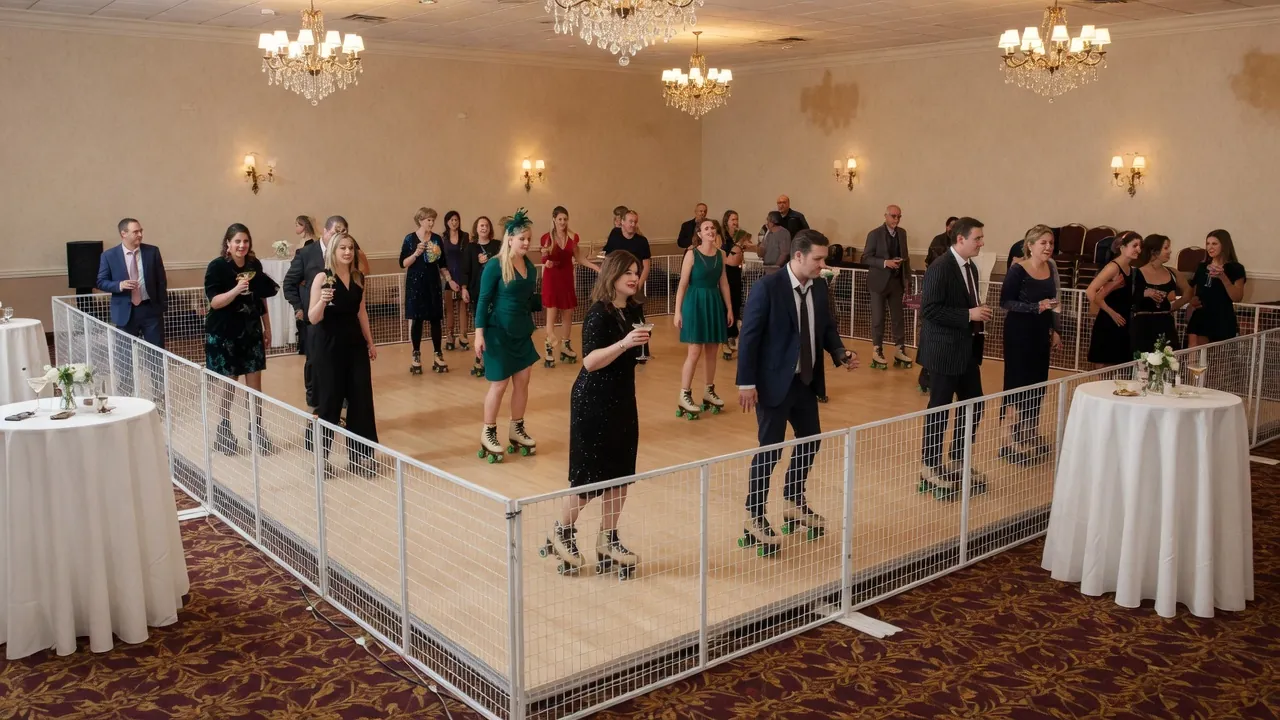 Portable roller rink rails, skates, and event lighting prepared inside shopping centers, mixed-use properties, and brand activations