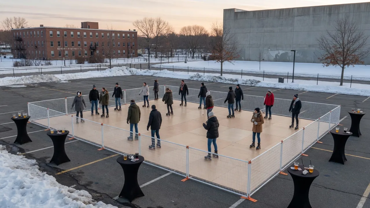 Guests skating on a modular roller floor at a retail event