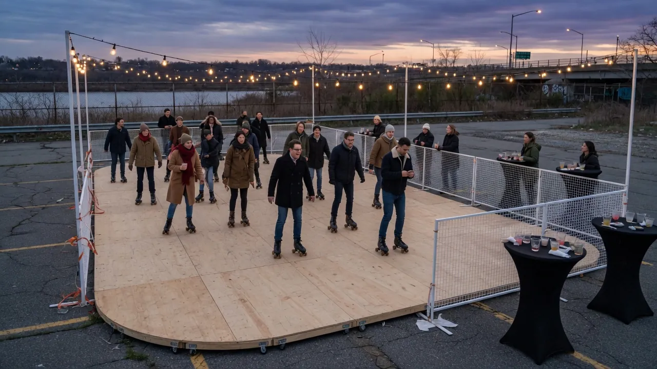 Editorial photo of a portable roller rink setup near a Yonkers-style event pad; not a specific venue