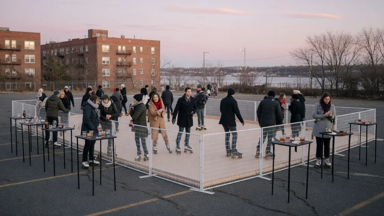Editorial photo of a portable roller rink in a Yonkers-style setting; not a specific venue
