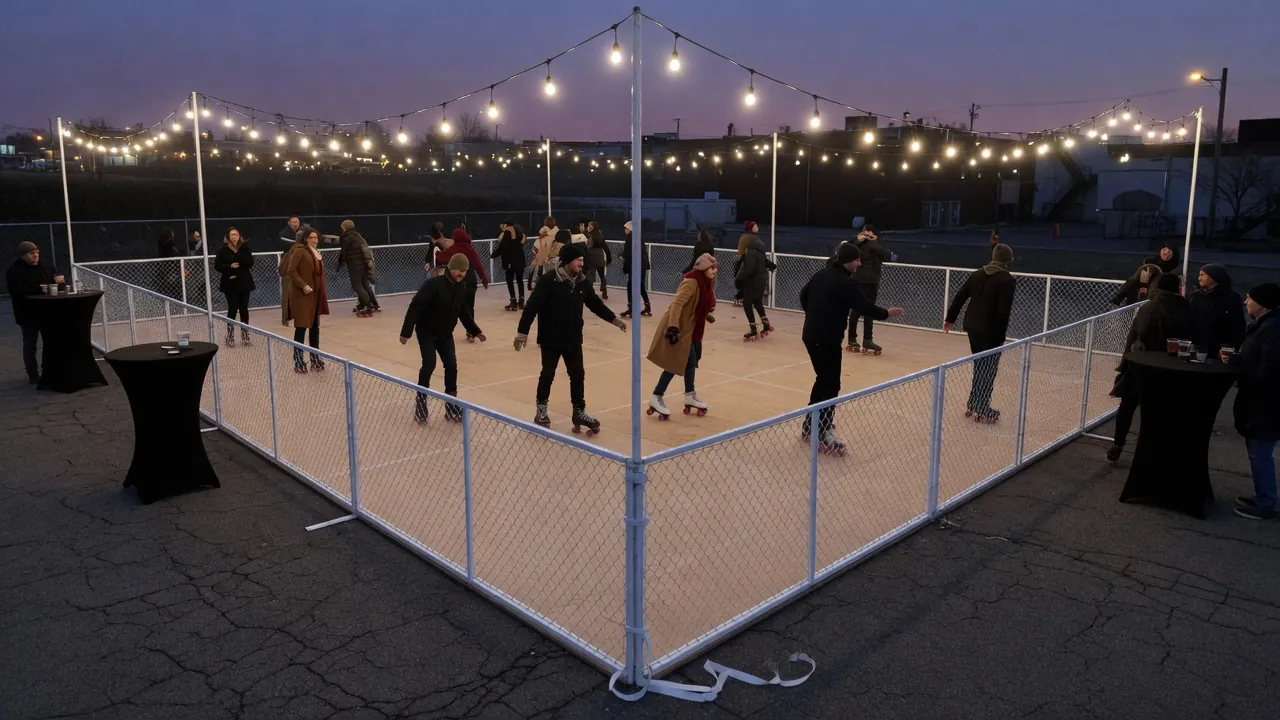 Editorial photo of a portable roller rink setup near a York-style event pad; not a specific venue