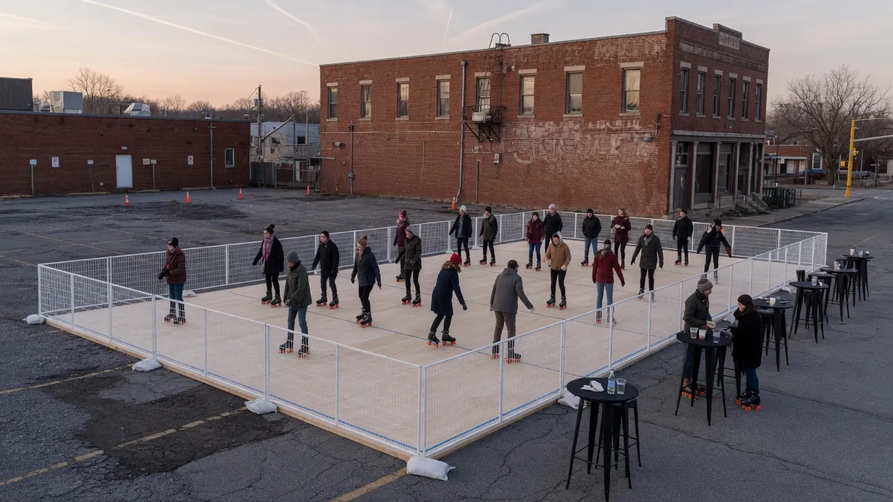 Editorial photo of a portable roller rink in a York-style setting; not a specific venue