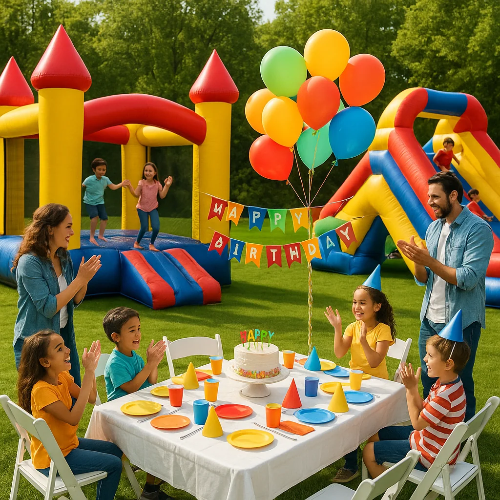 Outdoor birthday party with kids enjoying bounce houses and colorful balloons