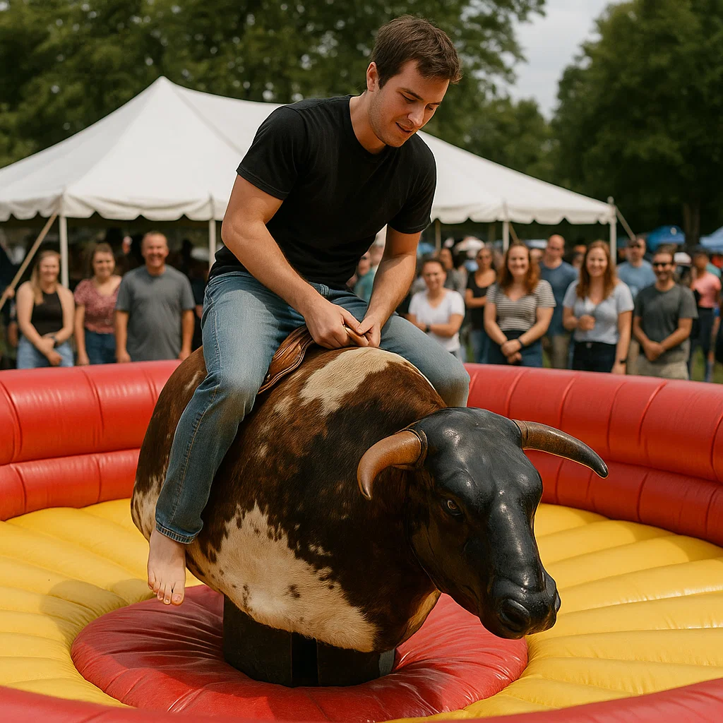 Challenging mechanical bull during show-stopping sports tailgate