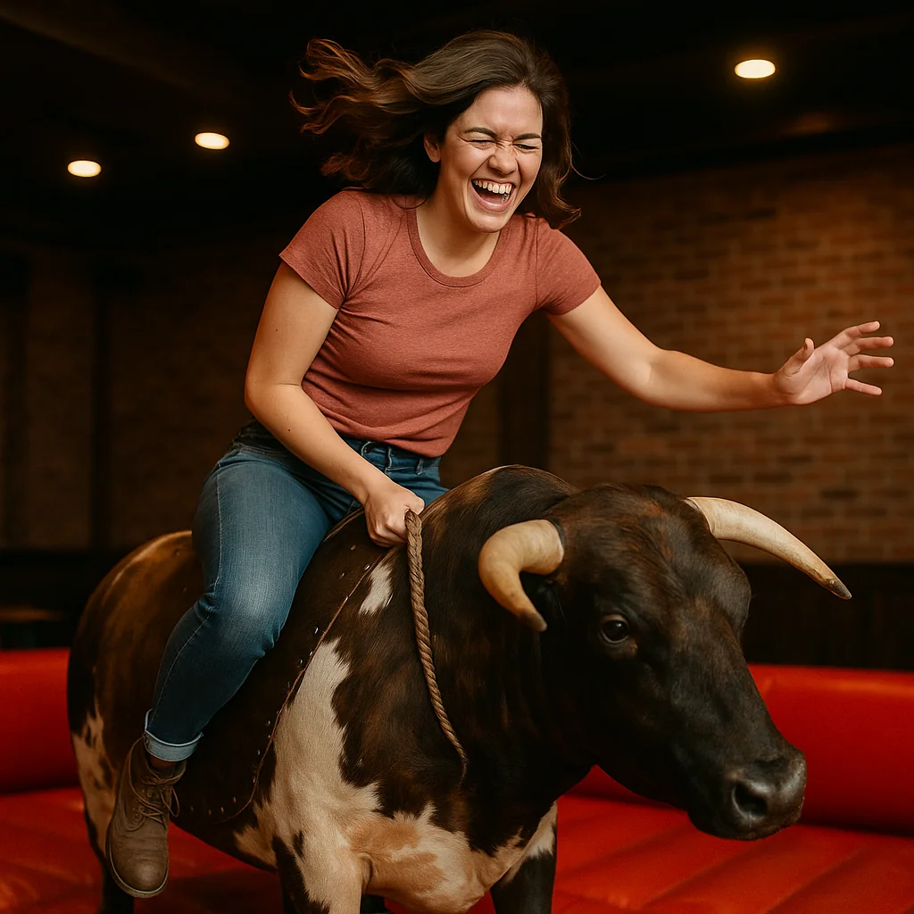 Guest laughing while riding a mechanical bull rental indoors