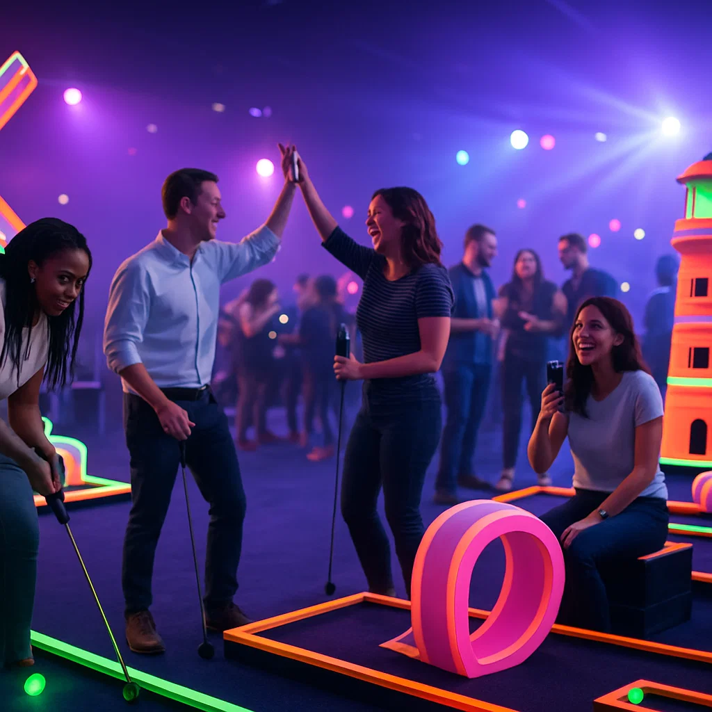 Portable neon mini-golf hole with blacklight rails on custom turf