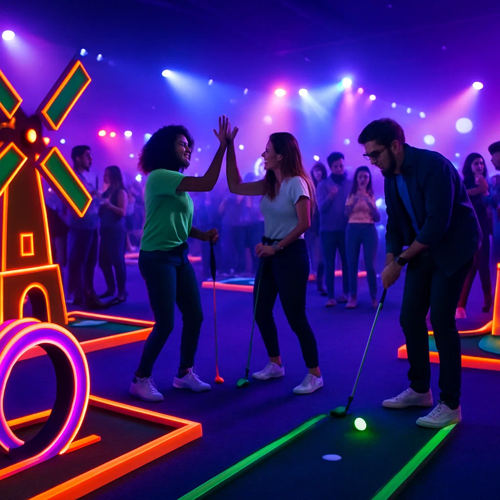 Guests lining up at portable blacklight mini-golf rental in backyard