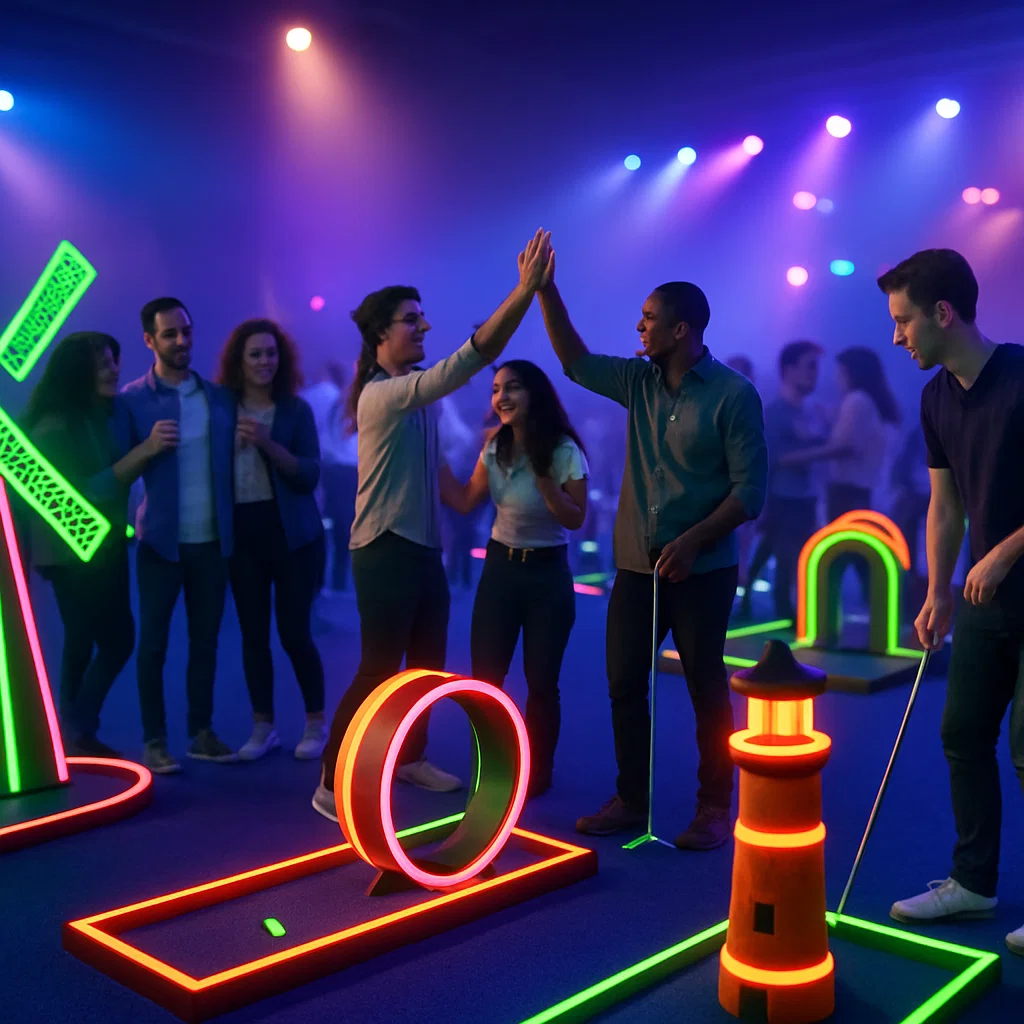 Nine-hole neon mini-golf course set up on gym floor