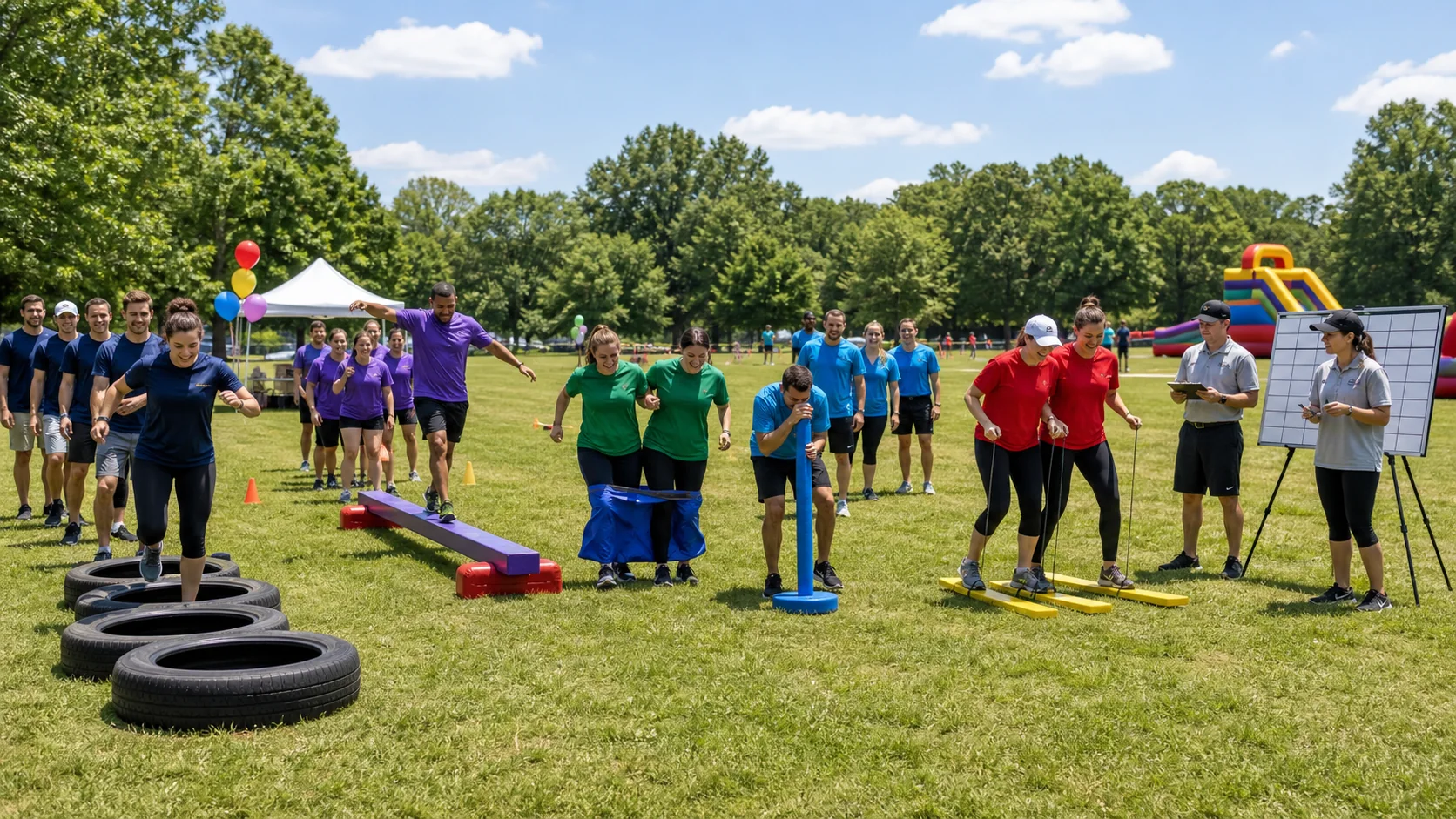 Teams competing in the five-station Outrageous relay obstacle course with Party Pros referees