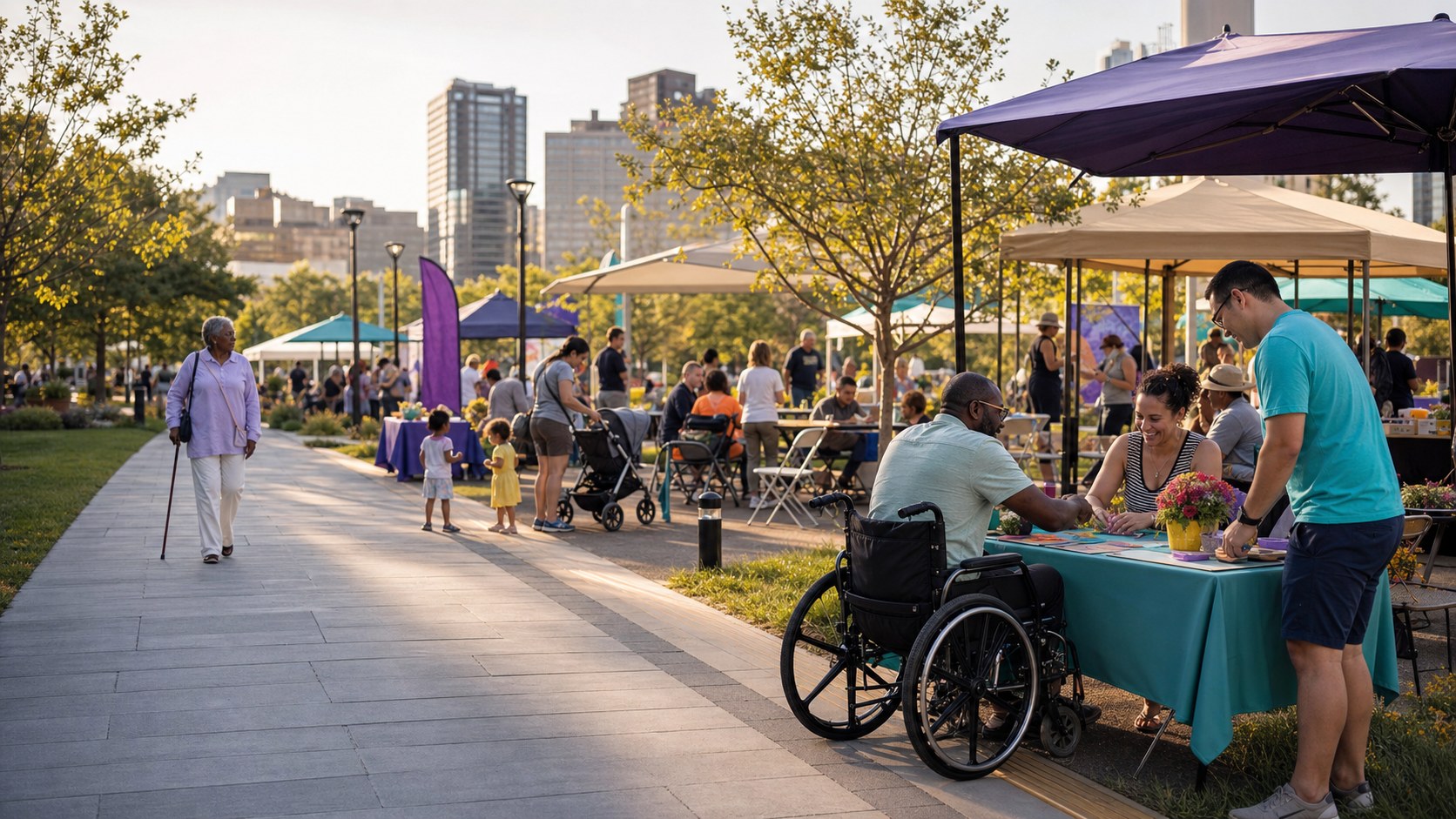 Inclusive Philadelphia community event with a wide pathway, flexible seating and accessible activity stations