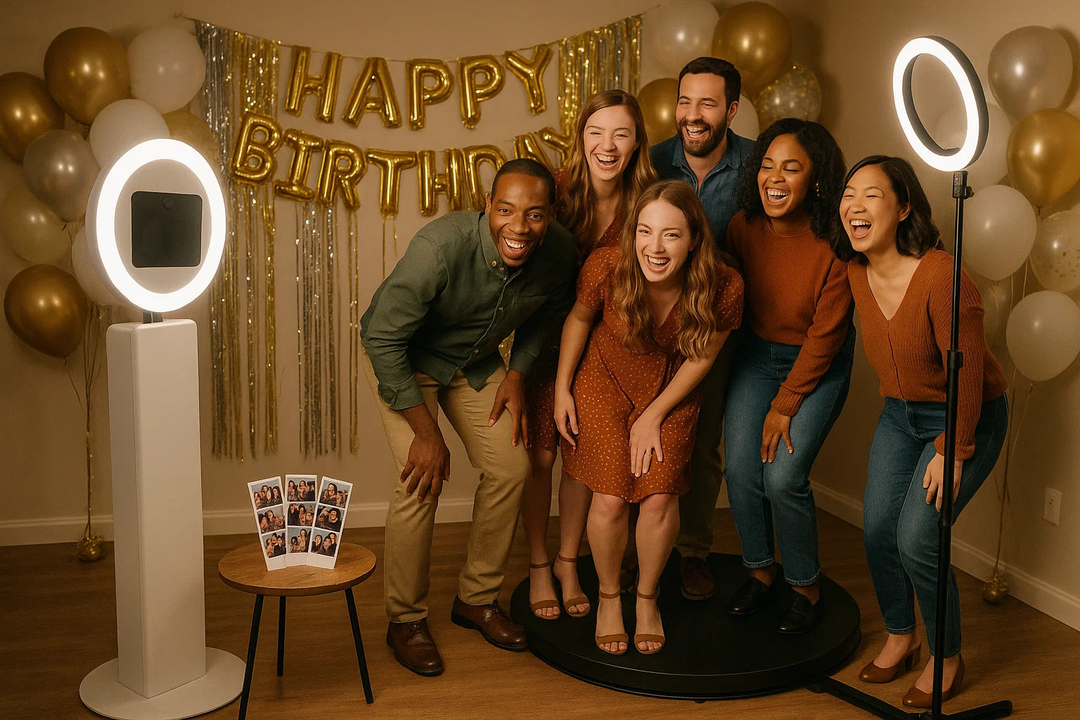Family and friends posing at an open air photo booth and 360 photo platform for a Philadelphia birthday party by Party Pros East Coast