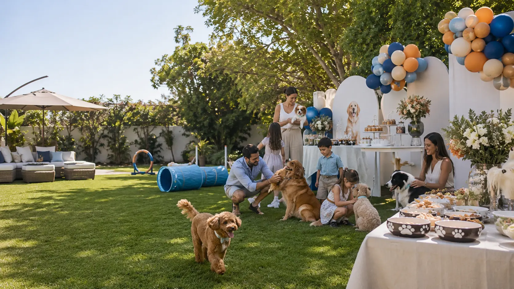 Pet-friendly backyard party rentals with dogs, families, games, and photo booth area