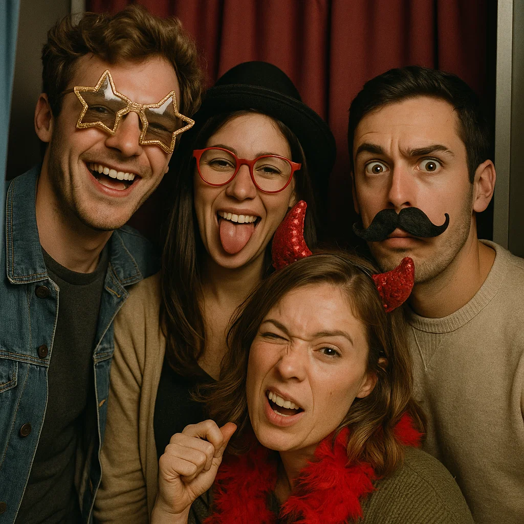 Guests strike goofy poses in open-air photo booth rental by Party Pros East Coast
