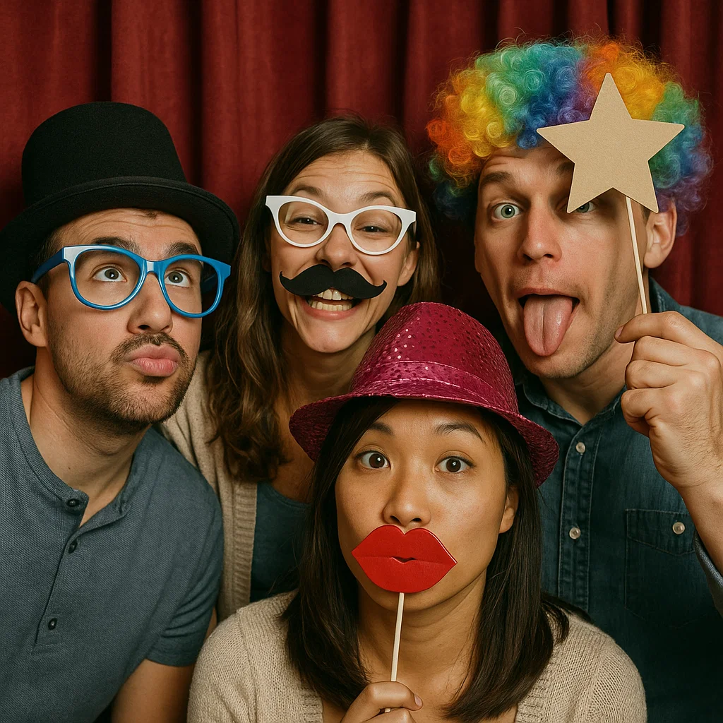 Guests strike funny faces in enclosed cabin photo booth rental by Party Pros East Coast