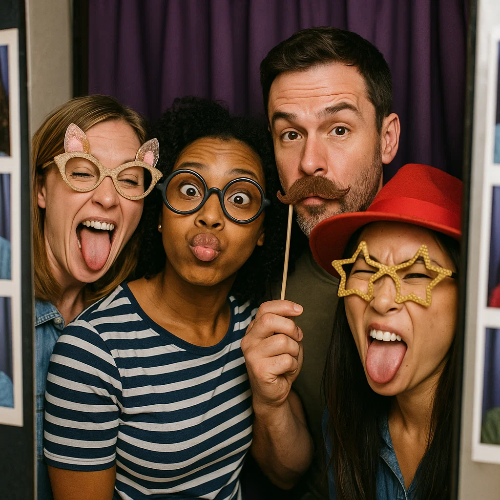 Guests strike peace signs in 360 photo booth rental by Party Pros East Coast