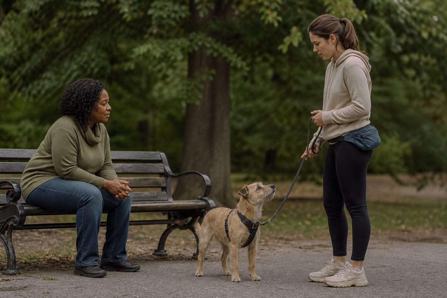 A trainer observing a cautious dog from a respectful distance in a living room