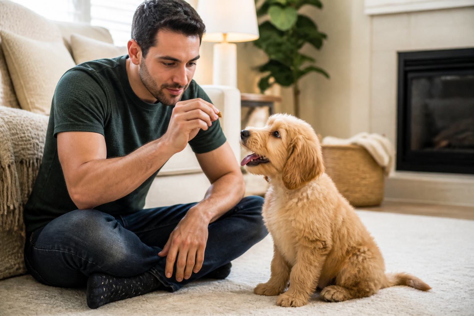 A young puppy learning to sit on a kitchen rug during an in-home lesson