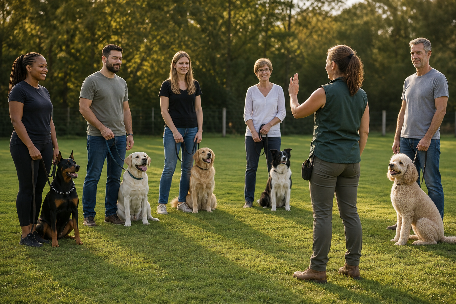 Several dogs practicing settle on mats during an outdoor group class