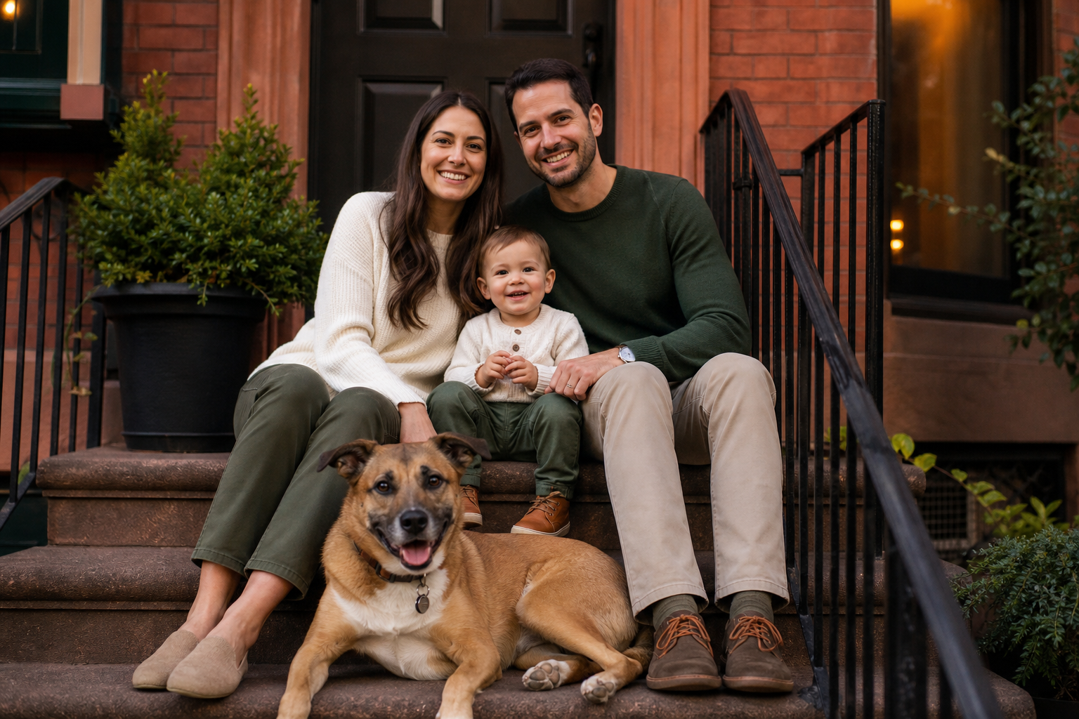 A family sitting on a porch with a relaxed dog at their feet